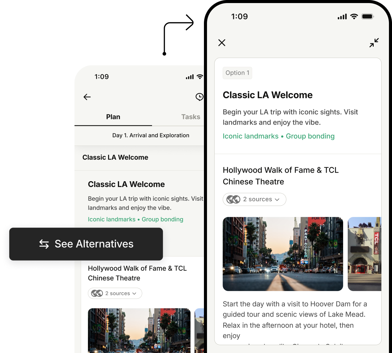 An image of a phone screen showing the functionality of the Aster AI app and how it presents planning options.