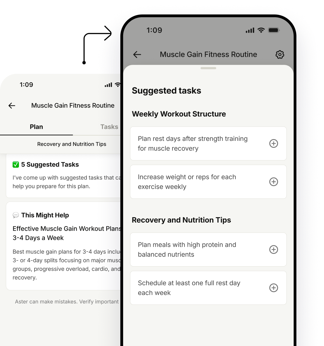 An image of a phone screen showing how Aster provides suggestions for additional plans and tasks that can help you reach your goals. 